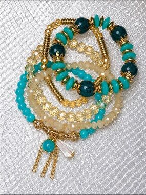 FRIENDSHIP BRACELETS 5 Strands Tan Crystal and Aqua Stone Stretchy TAYLOR SWIFT